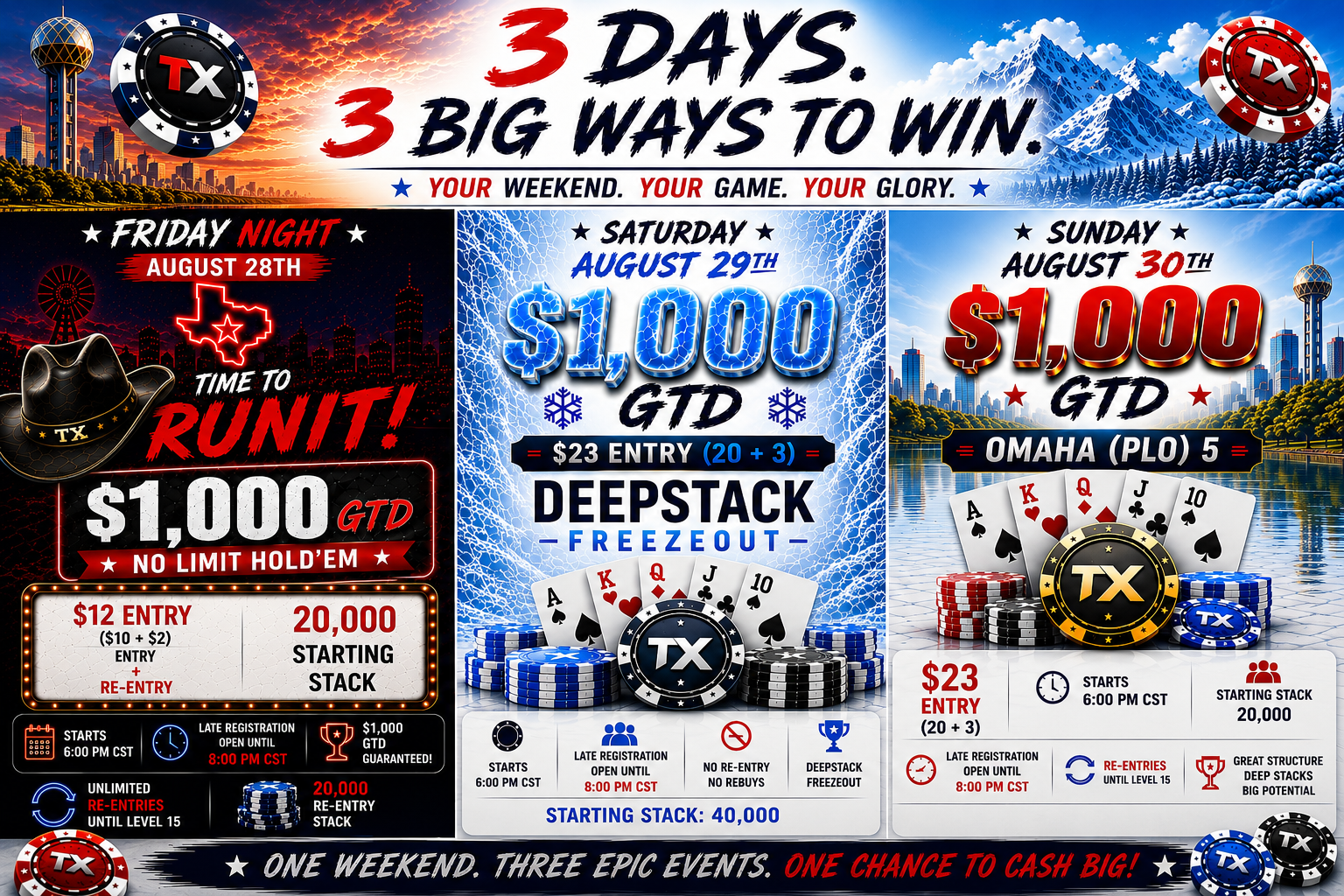 TXPoker Friday Saturday and Sunday Tournament Schedule